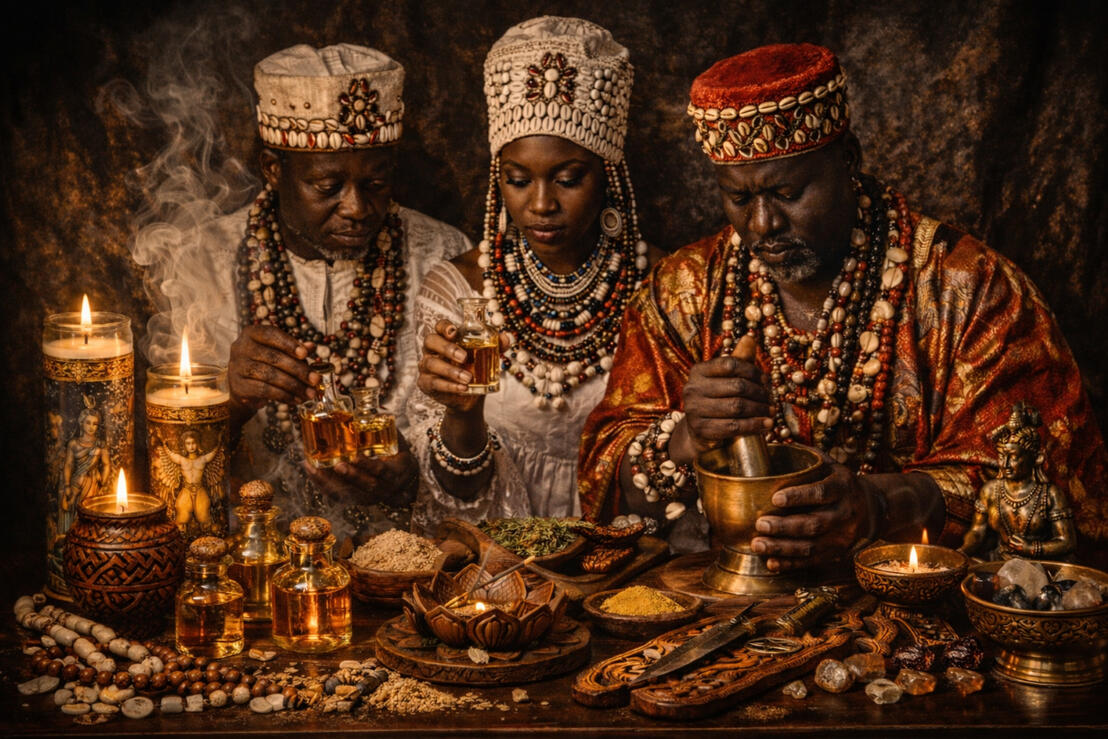 African priests and priestess making traditional medicine